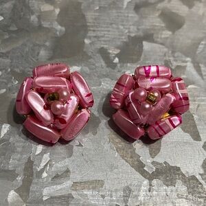 Hong Kong Pink Beaded Floral Cluster Clip-On Earrings